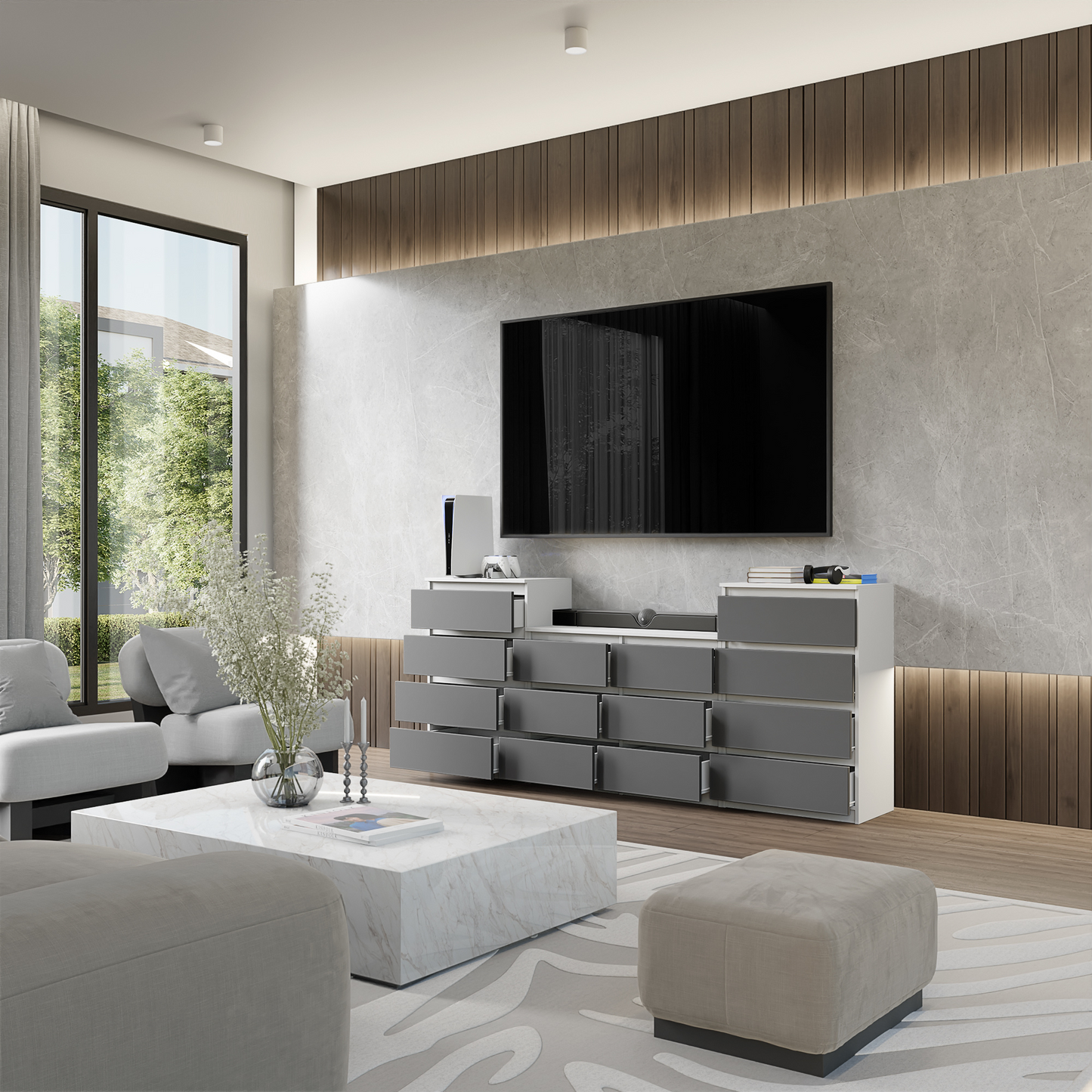 GABRIEL - Kommode / Sideboard mit 14 Schubladen (4+6+4) - Weiß Matt / Anthrazit