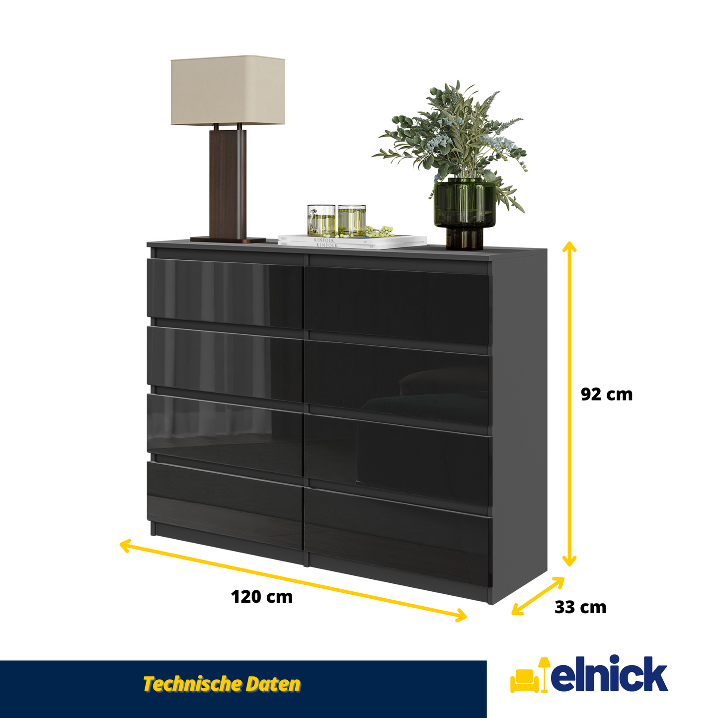 GABRIEL - Kommode / Sideboard mit 8 Schubladen - Anthrazit / Schwarz Glanz H92cm B120cm T33cm