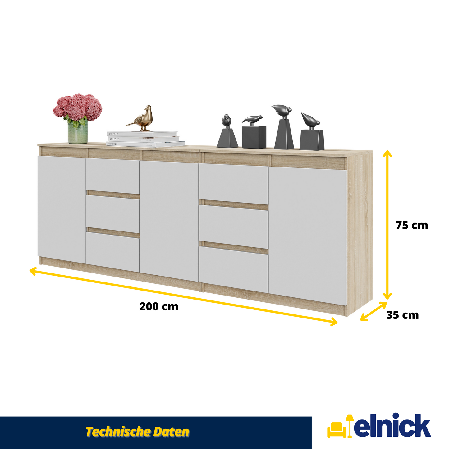MIKEL - Kommode / Sideboard mit 6 Schubladen und 3 Türen - Sonoma Eiche / Weiß Matt