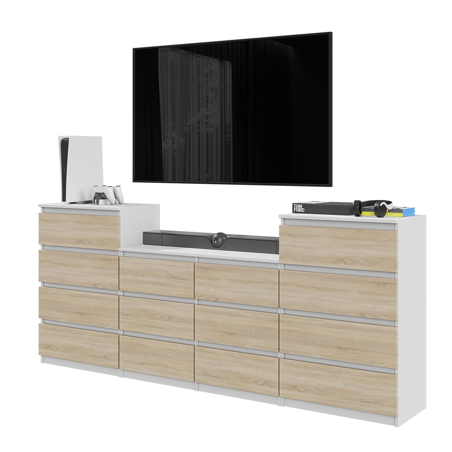 GABRIEL - Kommode / Sideboard mit 14 Schubladen (4+6+4) - Weiß Matt / Sonoma Eiche