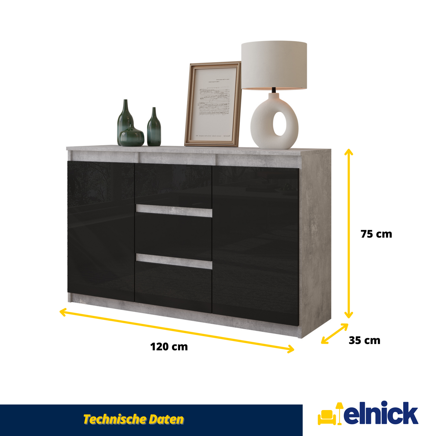 MIKEL - Kommode / Sideboard mit 3 Schubladen und 2 Türen - Beton-Optik / Schwarz Gloss