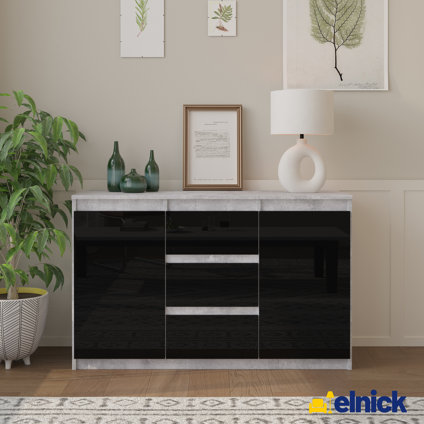 MIKEL - Kommode / Sideboard mit 3 Schubladen und 2 Türen - Beton-Optik / Schwarz Gloss