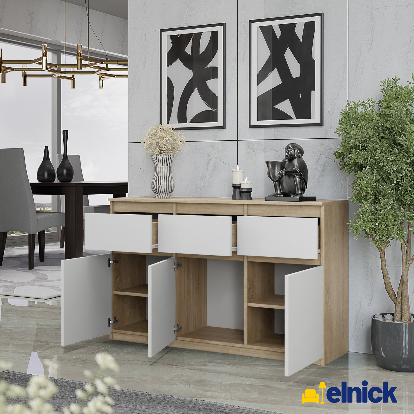NOAH - Kommode / Sideboard mit 3 Schubladen und 3 Türen - Sonoma Eiche / Weiß Matt