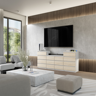 GABRIEL - Kommode / Sideboard mit 14 Schubladen (4+6+4) - Weiß Matt / Sonoma Eiche