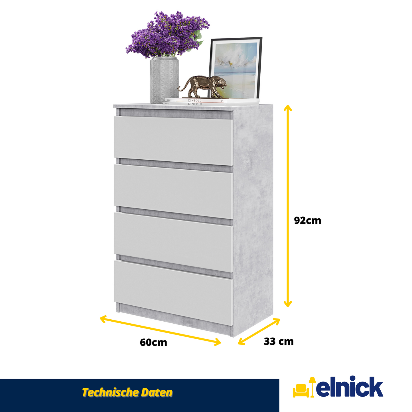GABRIEL - Kommode / Sideboard mit 4 Schubladen - Beton / Weiß Matt H92cm B60cm T33cm