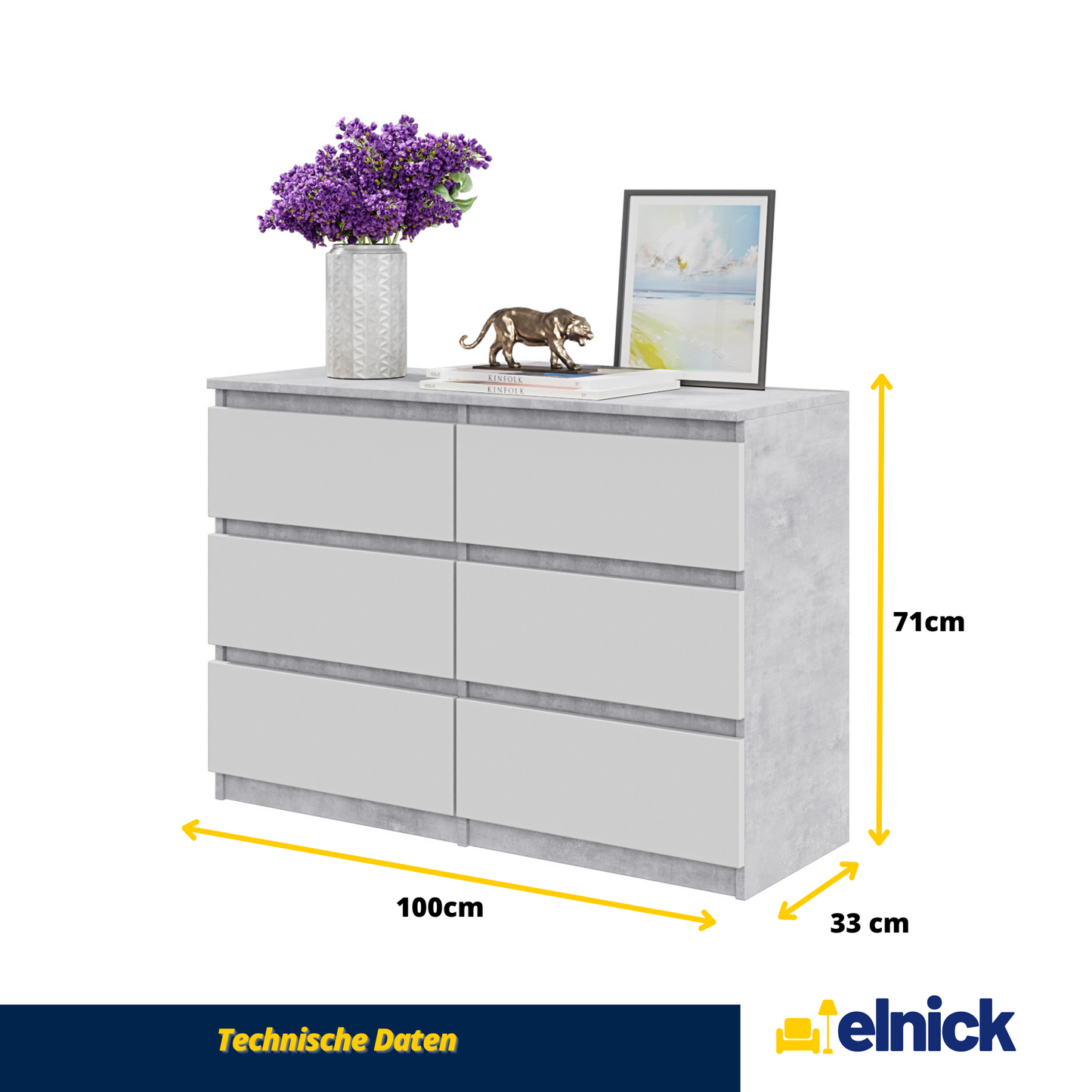 GABRIEL - Kommode / Sideboard mit 6 Schubladen - Beton / Weiß Matt H71cm B100cm T33cm