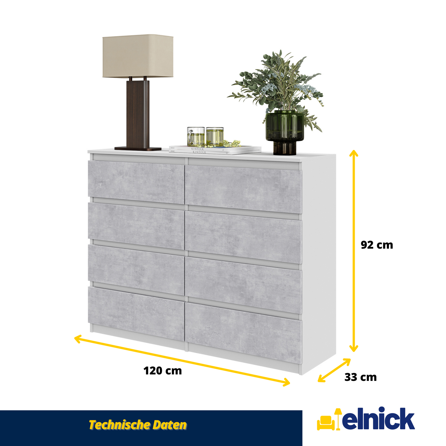 GABRIEL - Kommode / Sideboard mit 8 Schubladen - Weiß Matt / Concrete H92cm B120cm T33cm
