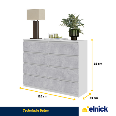 GABRIEL - Kommode / Sideboard mit 8 Schubladen - Weiß Matt / Concrete H92cm B120cm T33cm
