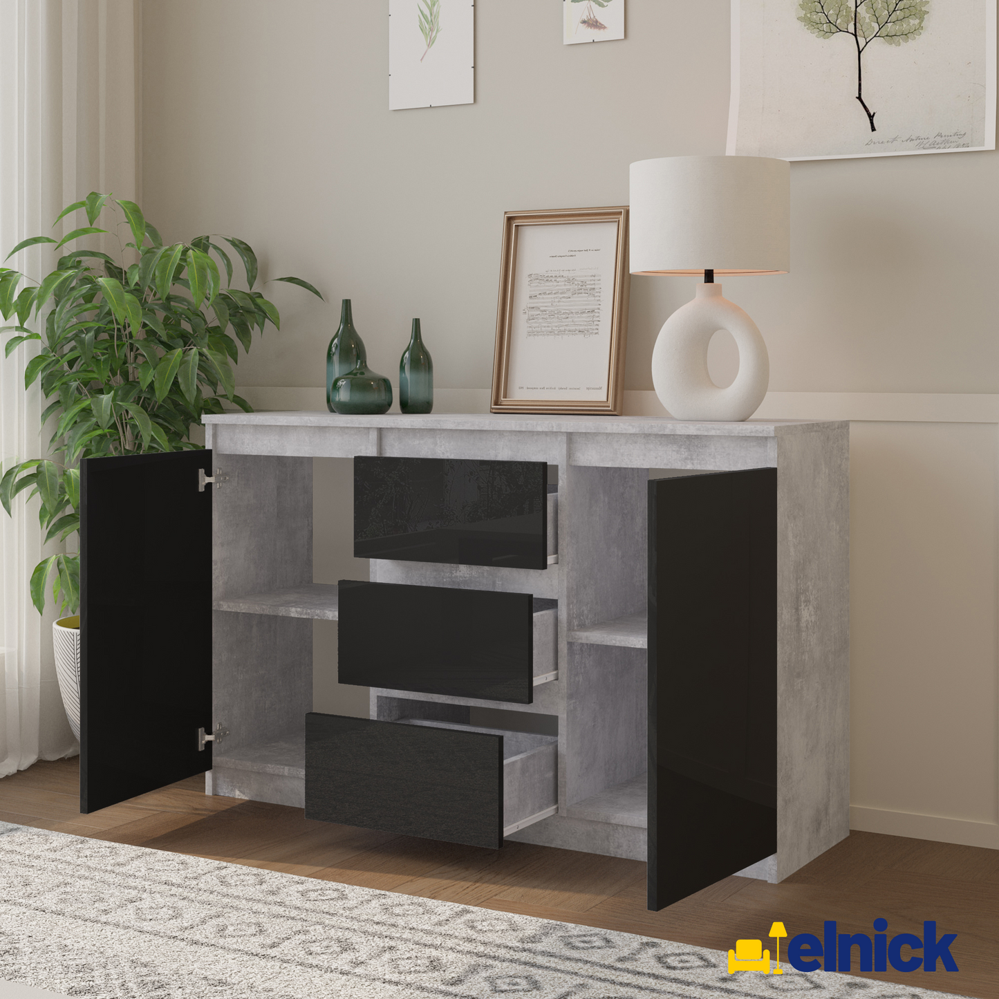 MIKEL - Kommode / Sideboard mit 3 Schubladen und 2 Türen - Beton-Optik / Schwarz Gloss
