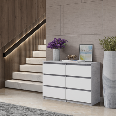 GABRIEL - Kommode / Sideboard mit 6 Schubladen - Beton / Weiß Matt H71cm B100cm T33cm