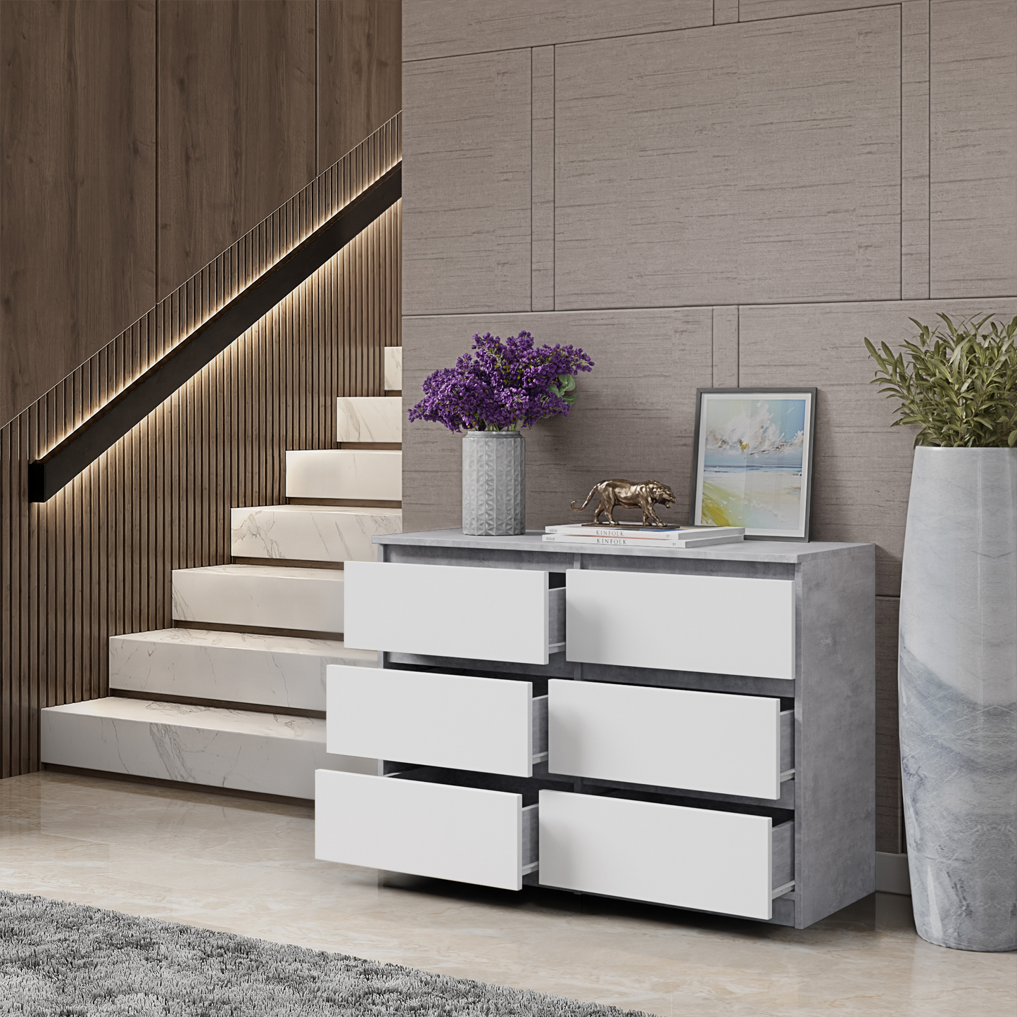GABRIEL - Kommode / Sideboard mit 6 Schubladen - Beton / Weiß Matt H71cm B100cm T33cm