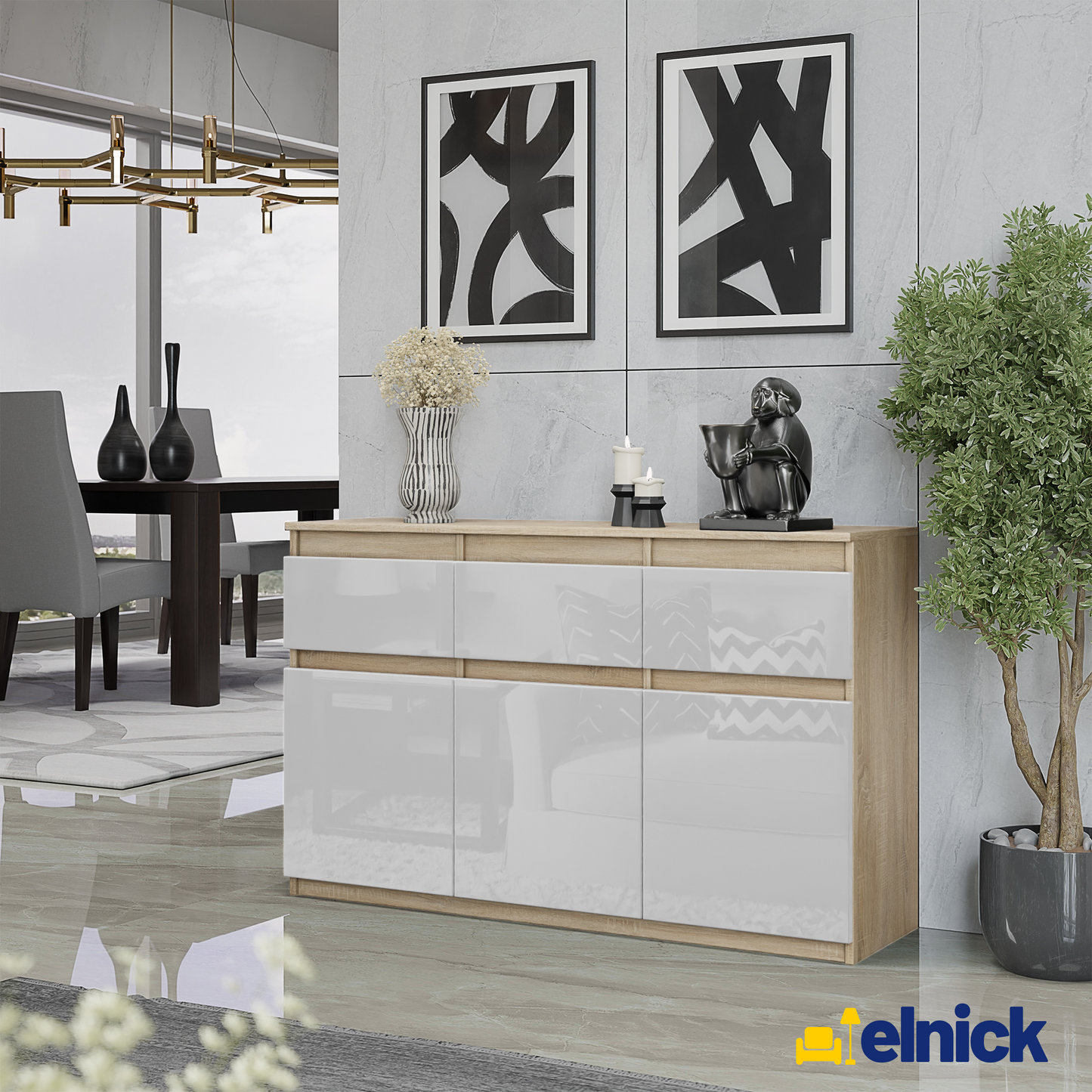 NOAH - Kommode / Sideboard mit 3 Schubladen und 3 Türen - Sonoma Eiche / Weiß Gloss