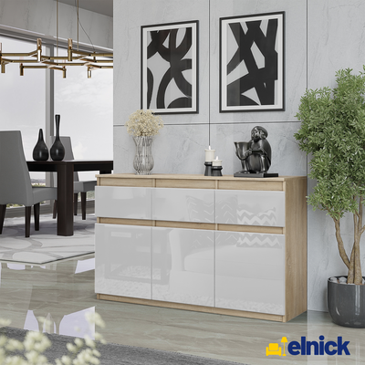 NOAH - Kommode / Sideboard mit 3 Schubladen und 3 Türen - Sonoma Eiche / Weiß Gloss
