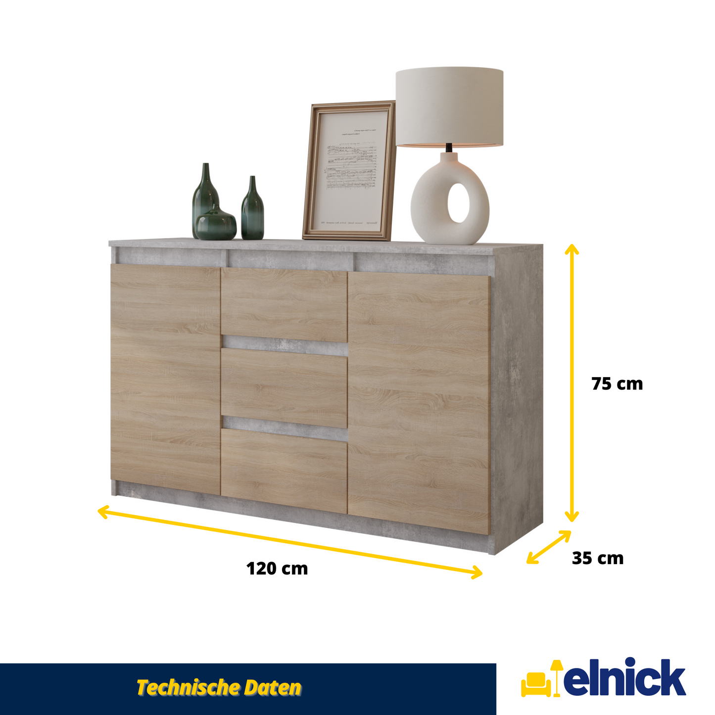 MIKEL - Kommode / Sideboard mit 3 Schubladen und 2 Türen - Beton-Optik / Sonoma Eiche