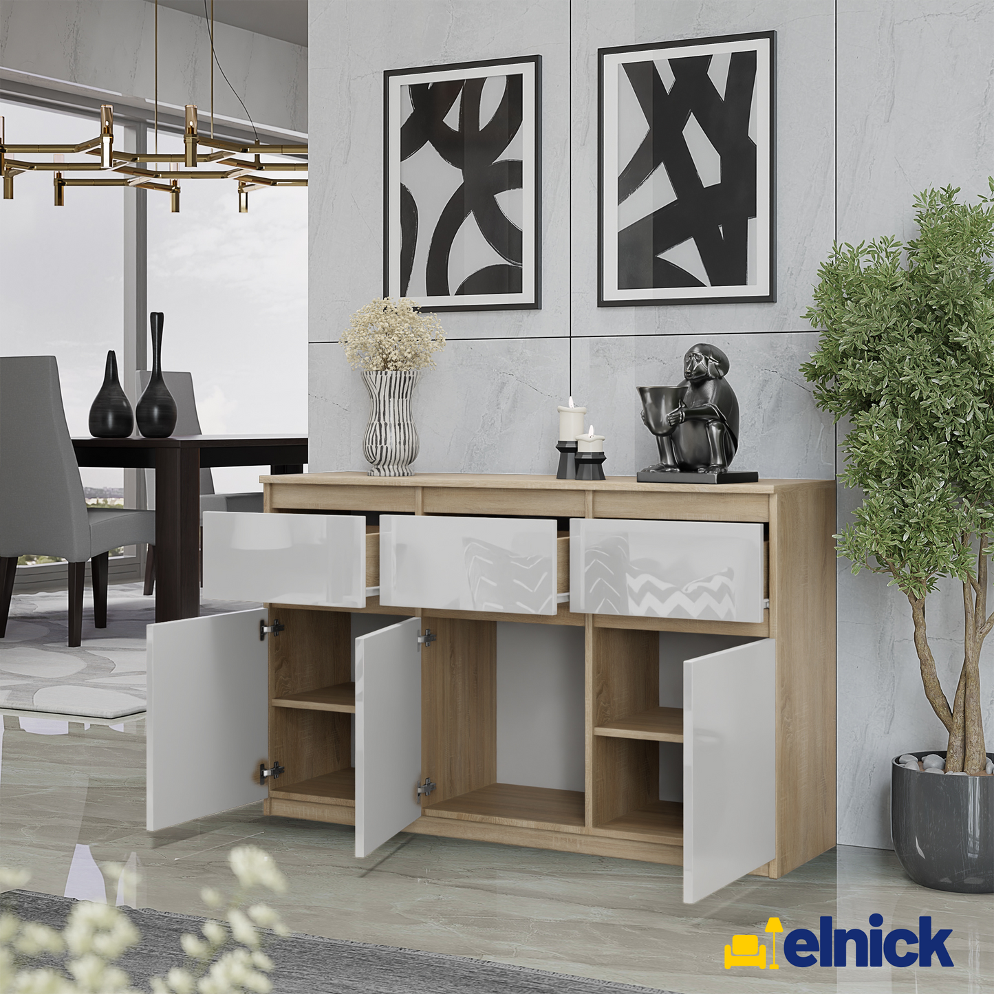 NOAH - Kommode / Sideboard mit 3 Schubladen und 3 Türen - Sonoma Eiche / Weiß Gloss