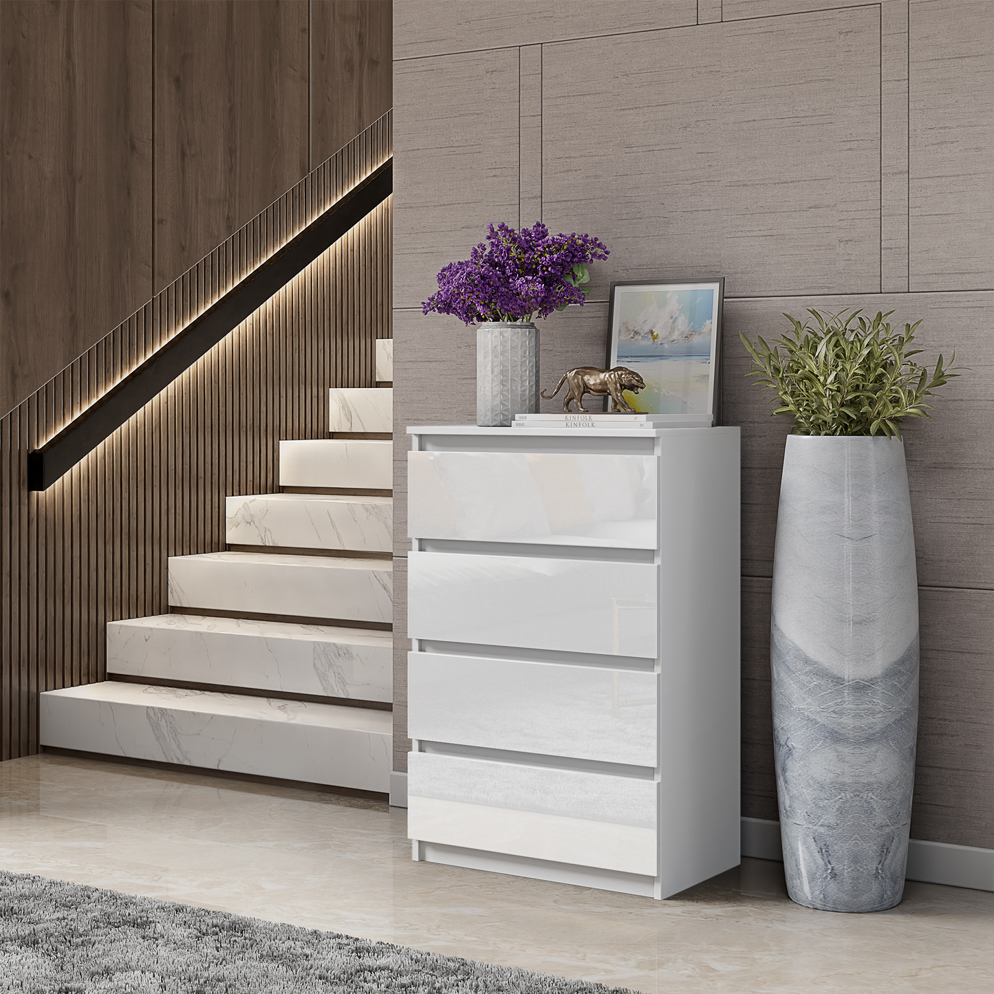 GABRIEL - Kommode / Sideboard mit 4 Schubladen - Weiß Matt / Weiß Gloss