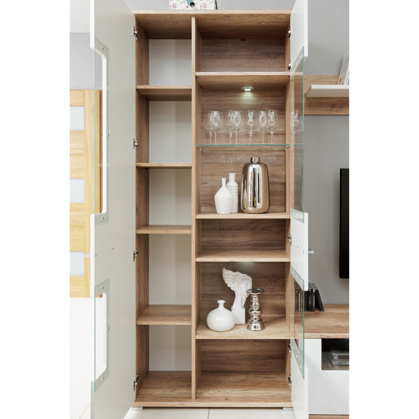 Wohnwand SAALA - Wohnzimmer-Möbel-Set - Eiche Monument / Weiß Gloss