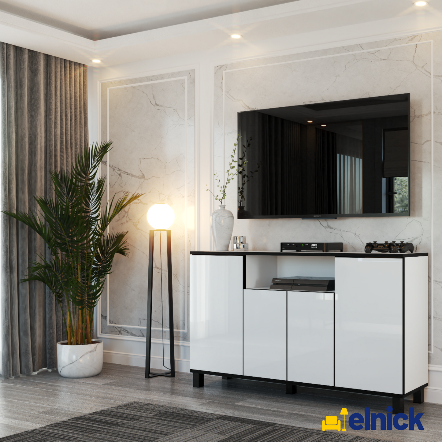 CALVIN – TV-Schrank mit 4 Türen – Wohnzimmer Sideboard - Weiß Gloss
