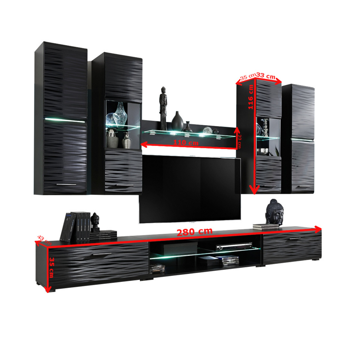 Wohnwand BLADE - Wohnzimmer-Möbel-Set - Schwarz Matt / Sahara 3D