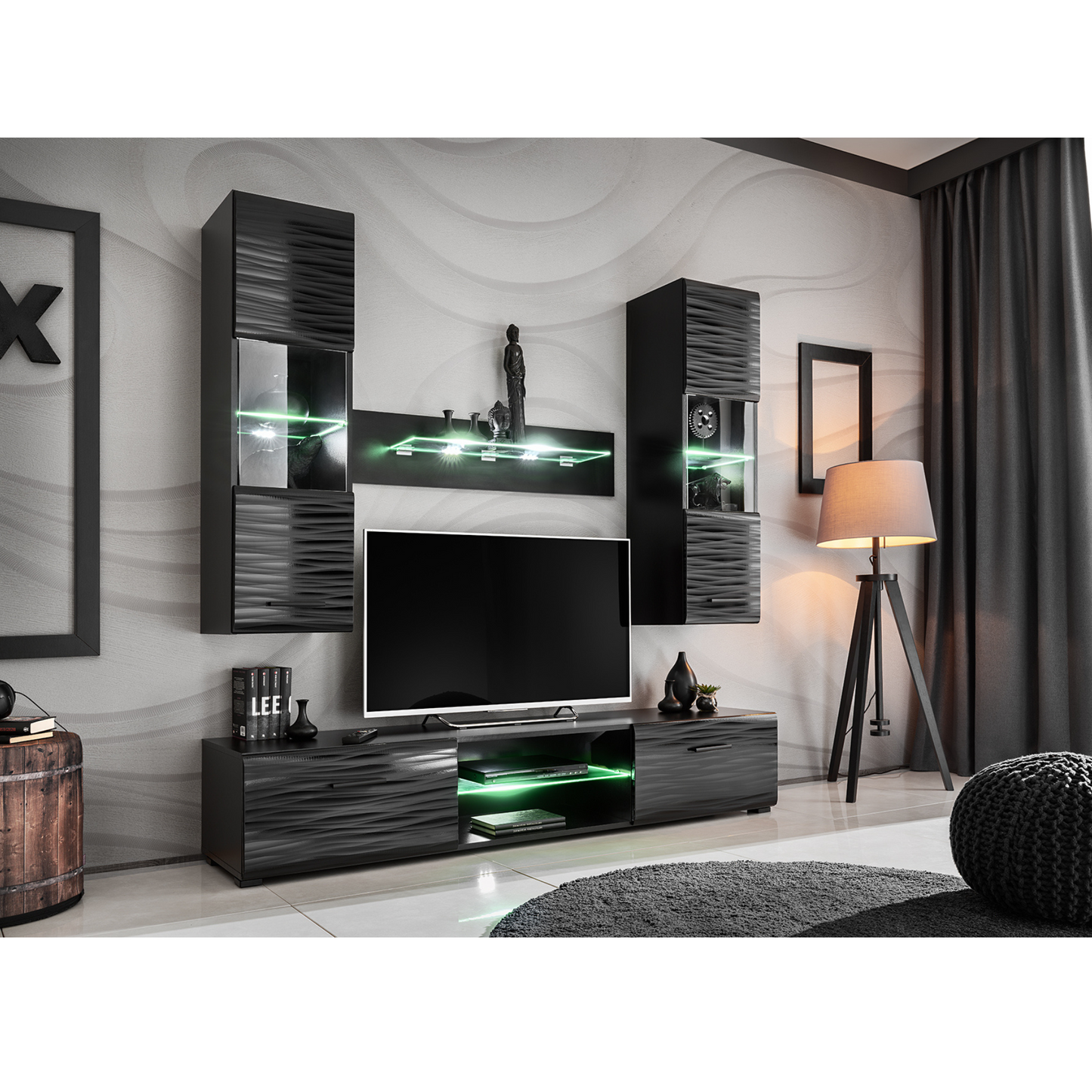 Wohnwand BLADE MINI - Wohnzimmer-Möbel-Set - Schwarz Matt / Sahara 3D