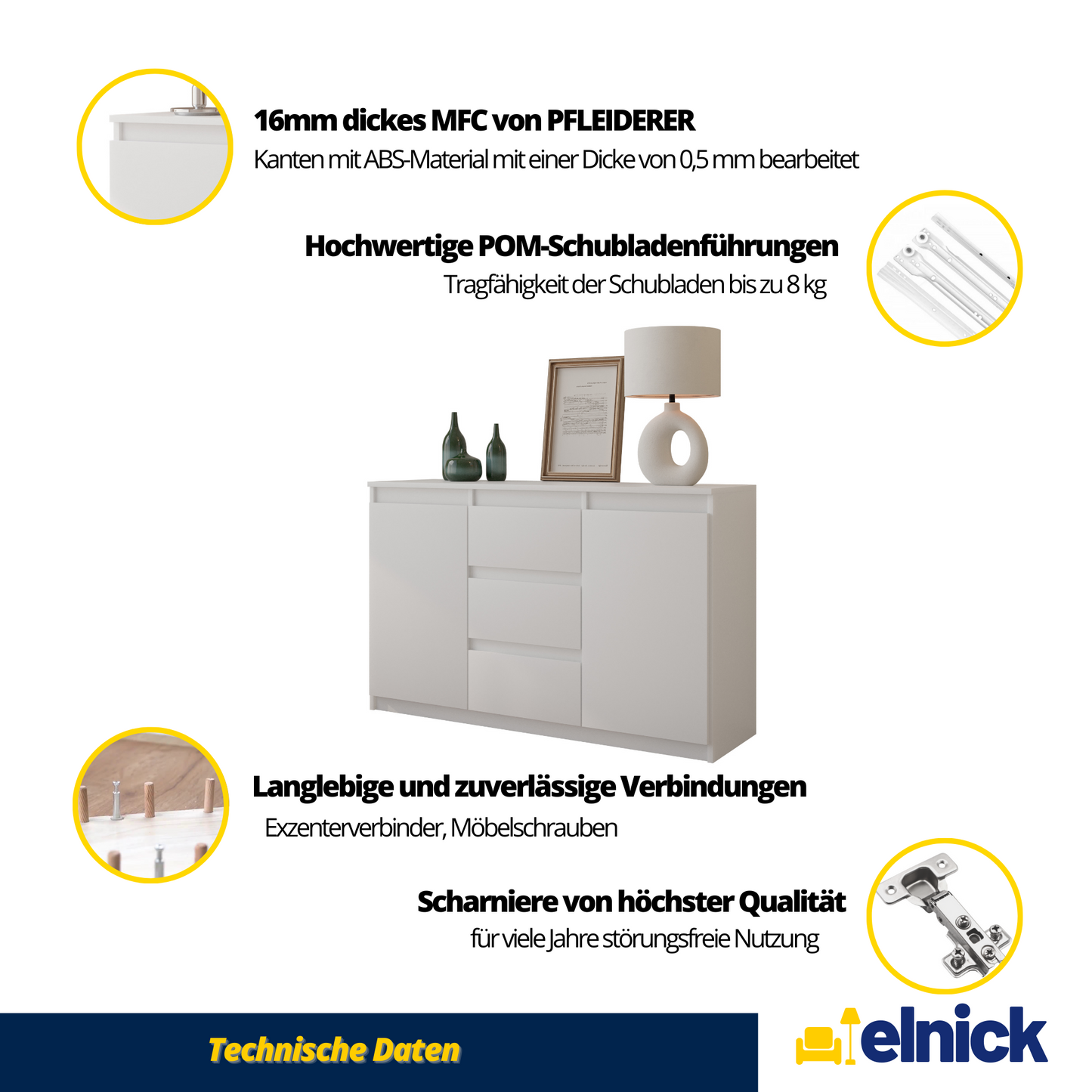 MIKEL - Kommode / Sideboard mit 3 Schubladen und 2 Türen - Beton-Optik / Weiß Gloss