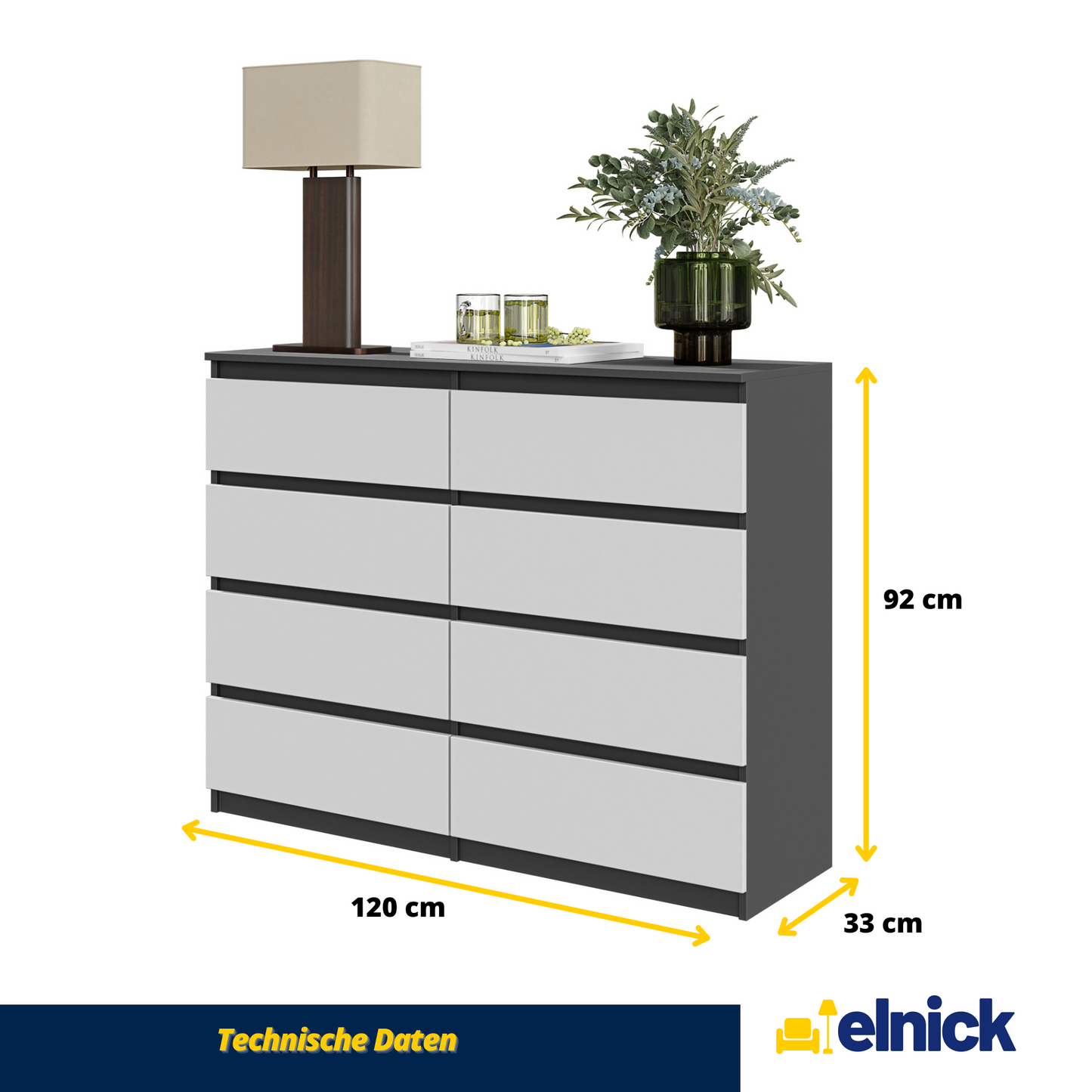 GABRIEL - Kommode / Sideboard mit 8 Schubladen - Anthrazit / Weiß Glanz H92cm B120cm T33cm