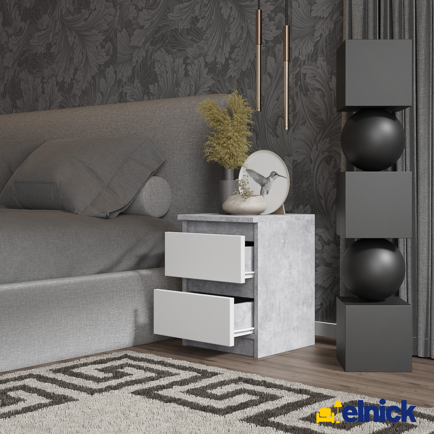 GABRIEL - Nachttisch - Nachtschrank mit 2 Schubladen - Beton-Optik / Weiß Matt