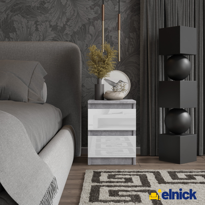 GABRIEL - Nachttisch - Nachtschrank mit 2 Schubladen - Beton-Optik / Weiß Gloss