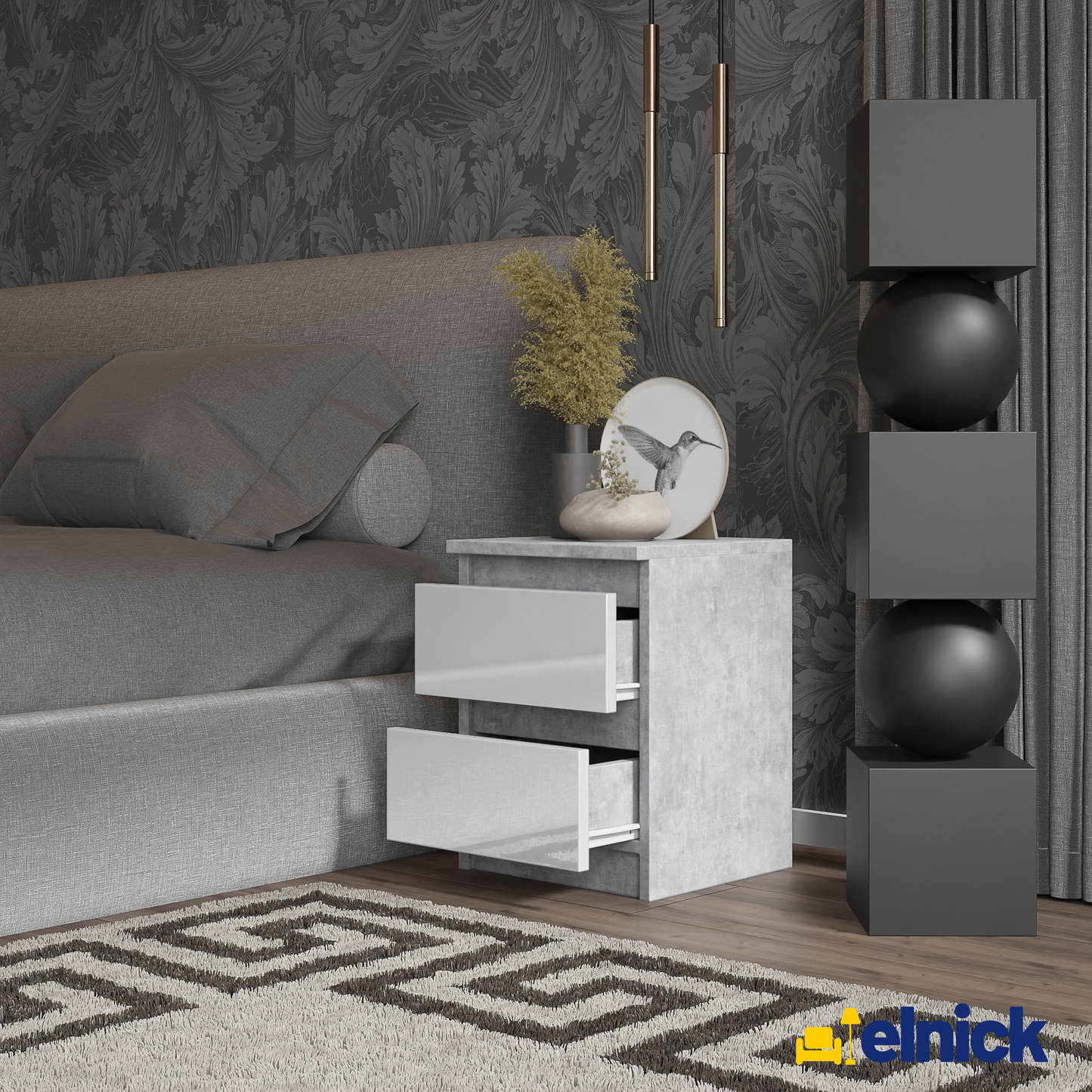 GABRIEL - Nachttisch - Nachtschrank mit 2 Schubladen - Beton-Optik / Weiß Gloss