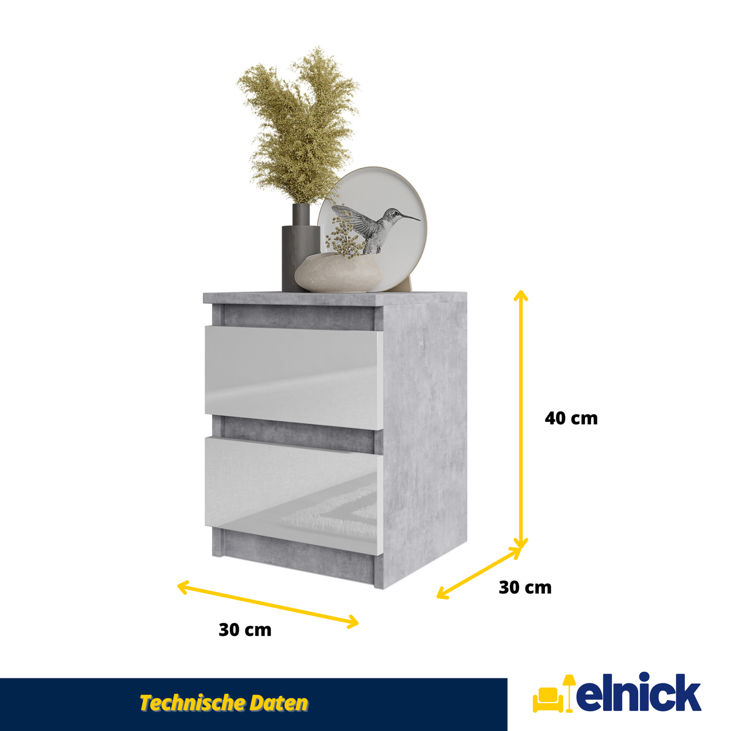 GABRIEL - Nachttisch - Nachtschrank mit 2 Schubladen - Beton-Optik / Weiß Gloss