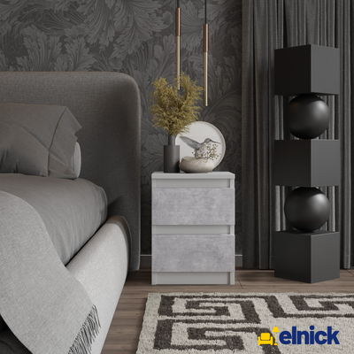 GABRIEL - Nachttisch - Nachtschrank mit 2 Schubladen - Weiß Matt / Beton-Optik