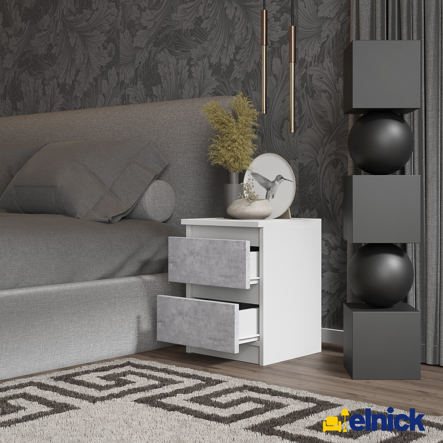 GABRIEL - Nachttisch - Nachtschrank mit 2 Schubladen - Weiß Matt / Beton-Optik