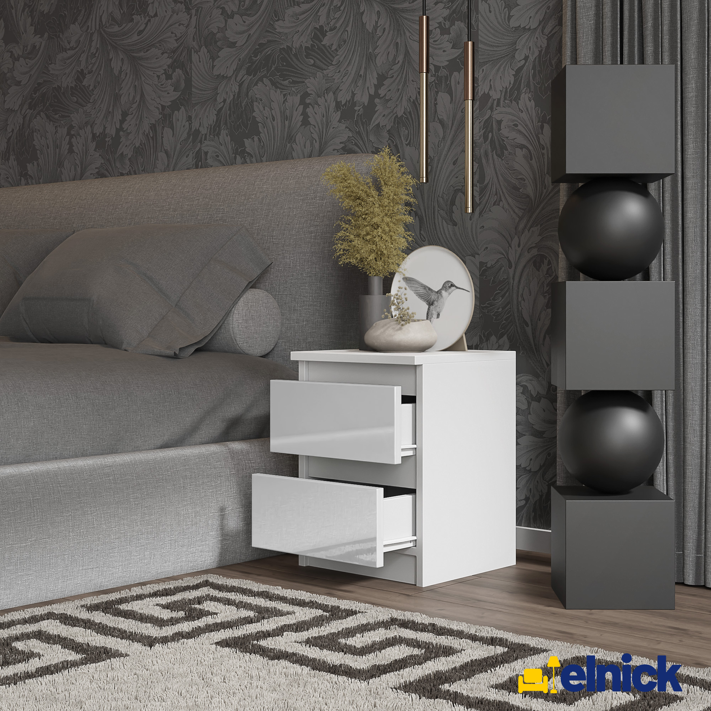GABRIEL - Nachttisch - Nachtschrank mit 2 Schubladen - Weiß Matt / Weiß Gloss
