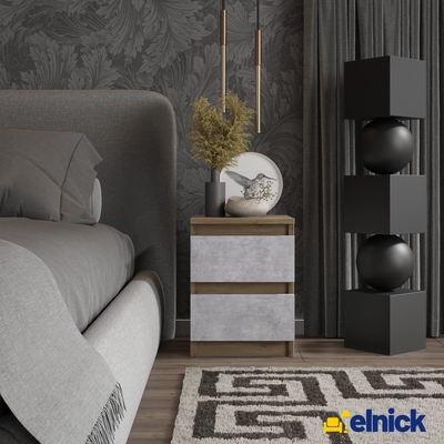 GABRIEL - Nachttisch - Nachtschrank mit 2 Schubladen - Wotan Eiche / Beton-Optik