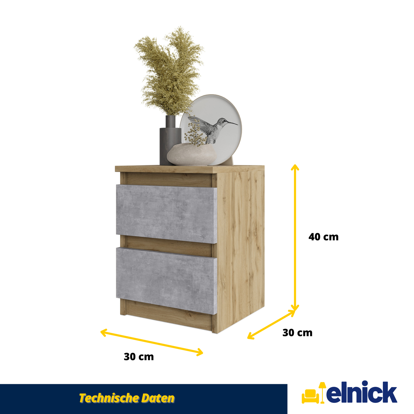 GABRIEL - Nachttisch - Nachtschrank mit 2 Schubladen - Wotan Eiche / Beton-Optik