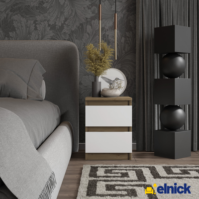 GABRIEL - Nachttisch - Nachtschrank mit 2 Schubladen - Wotan Eiche / Weiß Matt