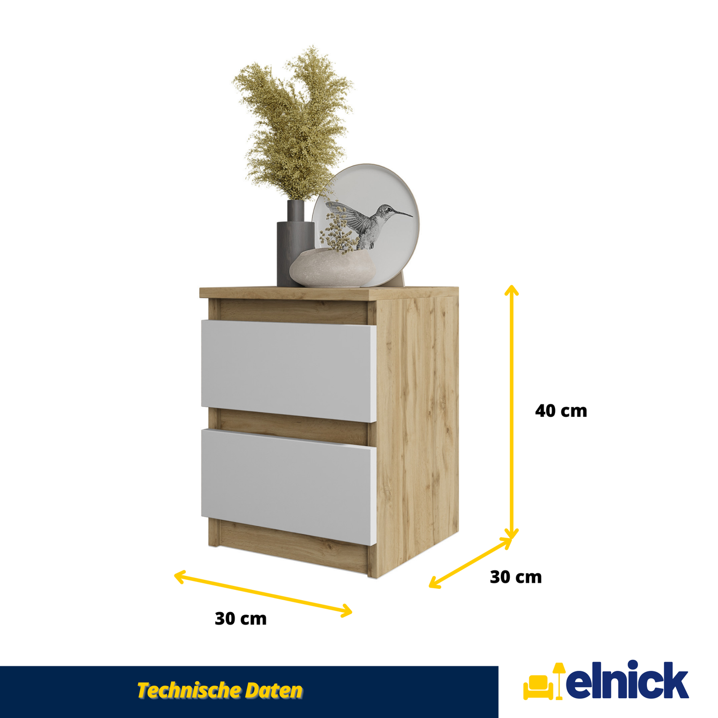 GABRIEL - Nachttisch - Nachtschrank mit 2 Schubladen - Wotan Eiche / Weiß Matt