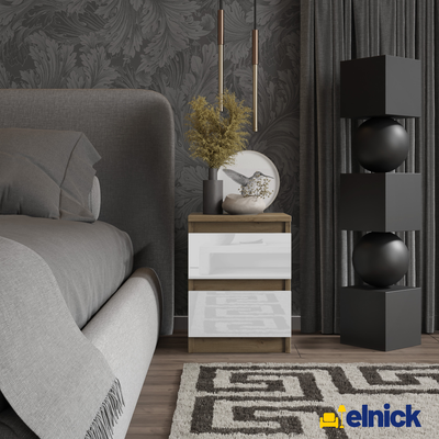 GABRIEL - Nachttisch - Nachtschrank mit 2 Schubladen - Wotan Eiche / Weiß Gloss