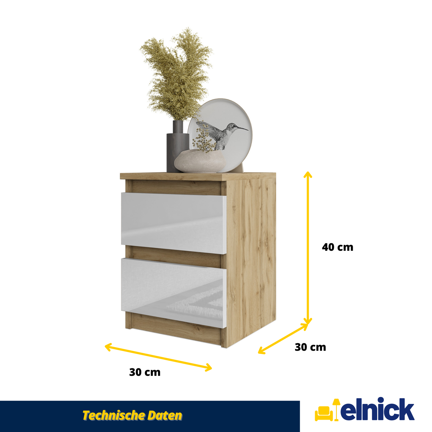 GABRIEL - Nachttisch - Nachtschrank mit 2 Schubladen - Wotan Eiche / Weiß Gloss
