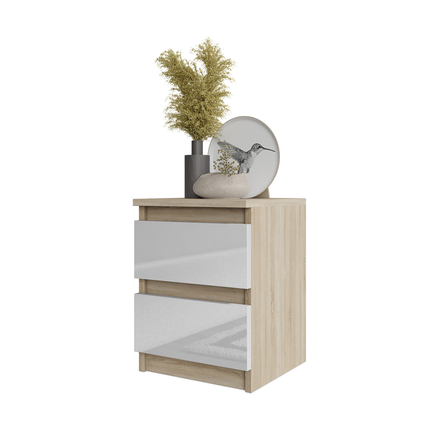 GABRIEL - Nachttisch - Nachtschrank mit 2 Schubladen - Sonoma Eiche / Weiß Gloss