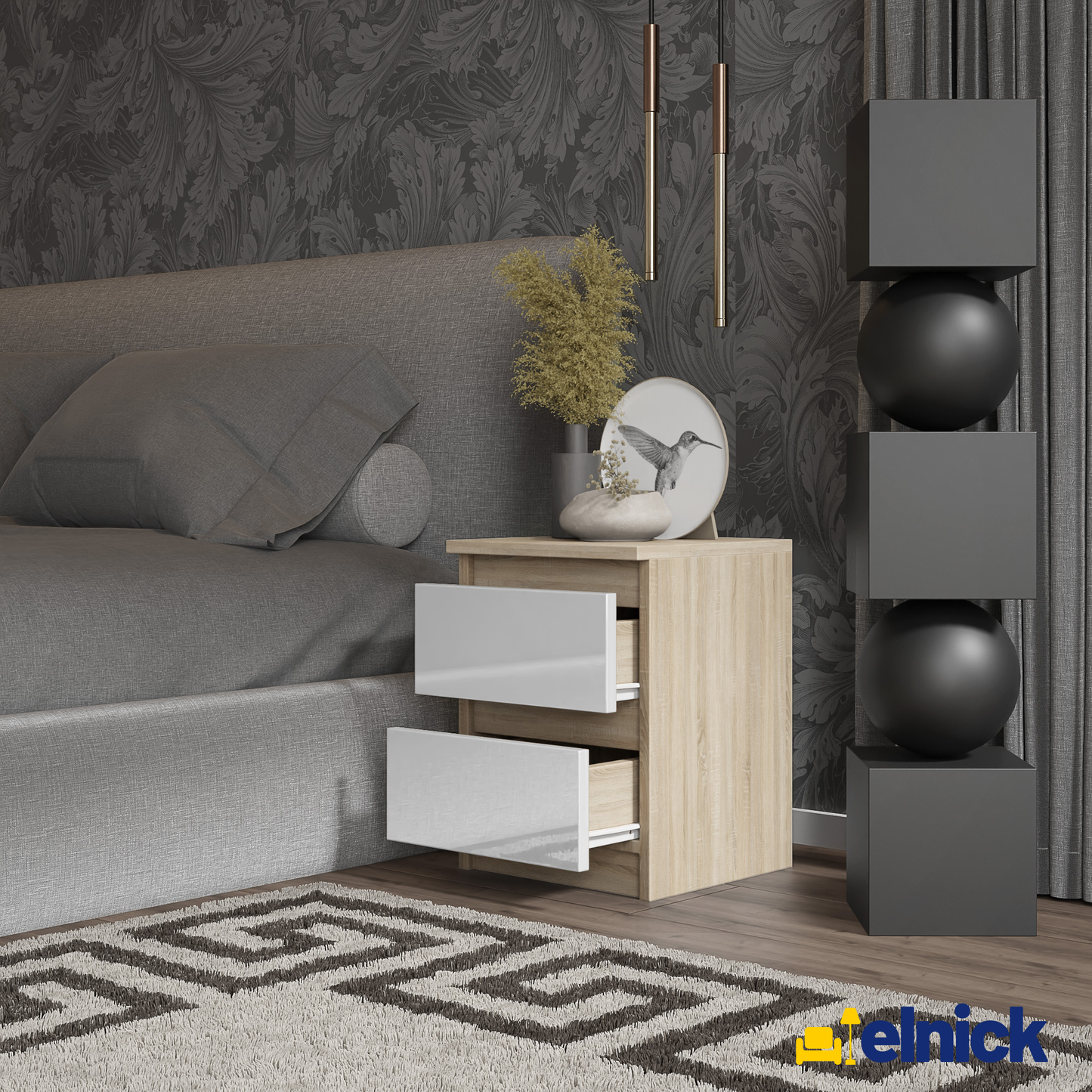 GABRIEL - Nachttisch - Nachtschrank mit 2 Schubladen - Sonoma Eiche / Weiß Gloss