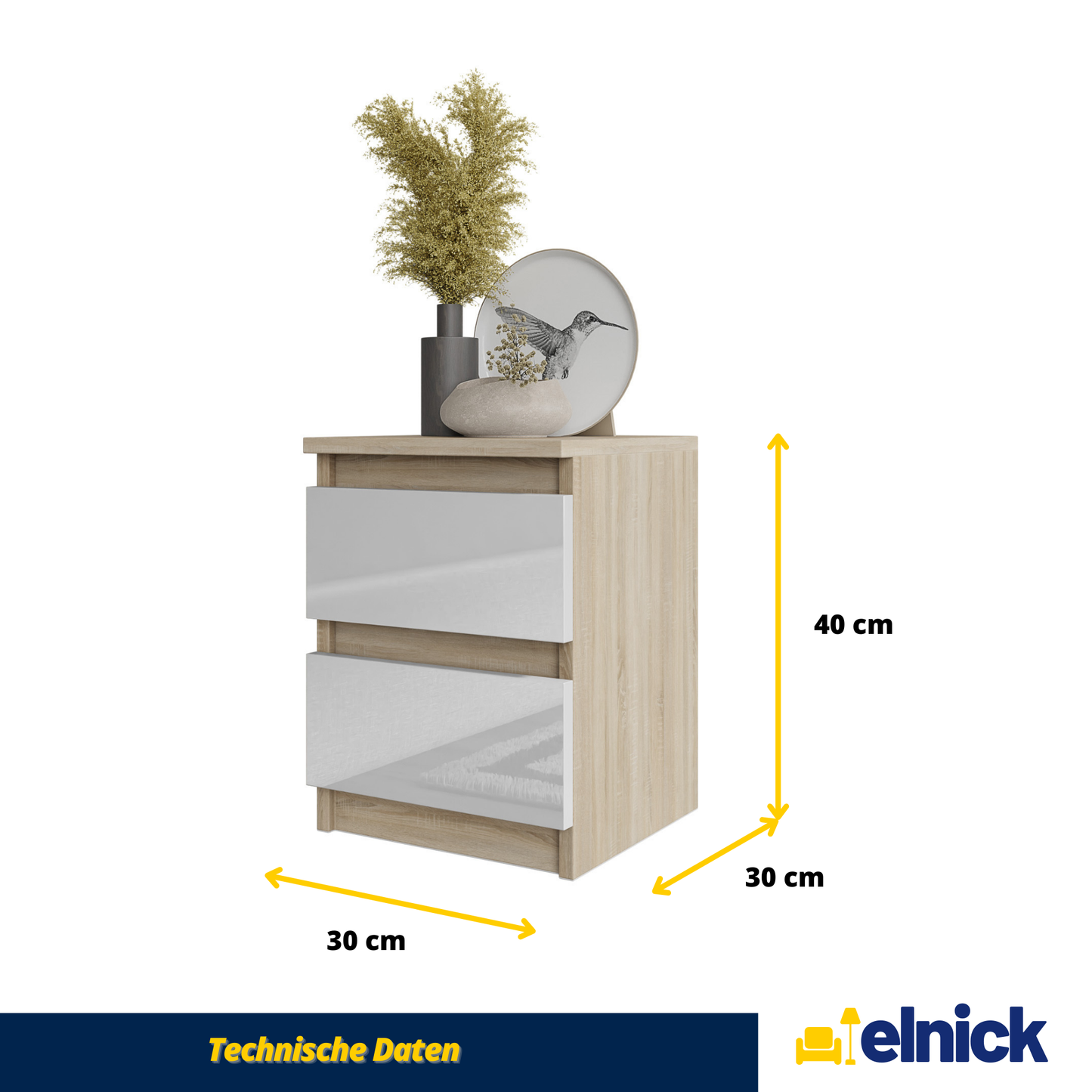 GABRIEL - Nachttisch - Nachtschrank mit 2 Schubladen - Sonoma Eiche / Weiß Gloss