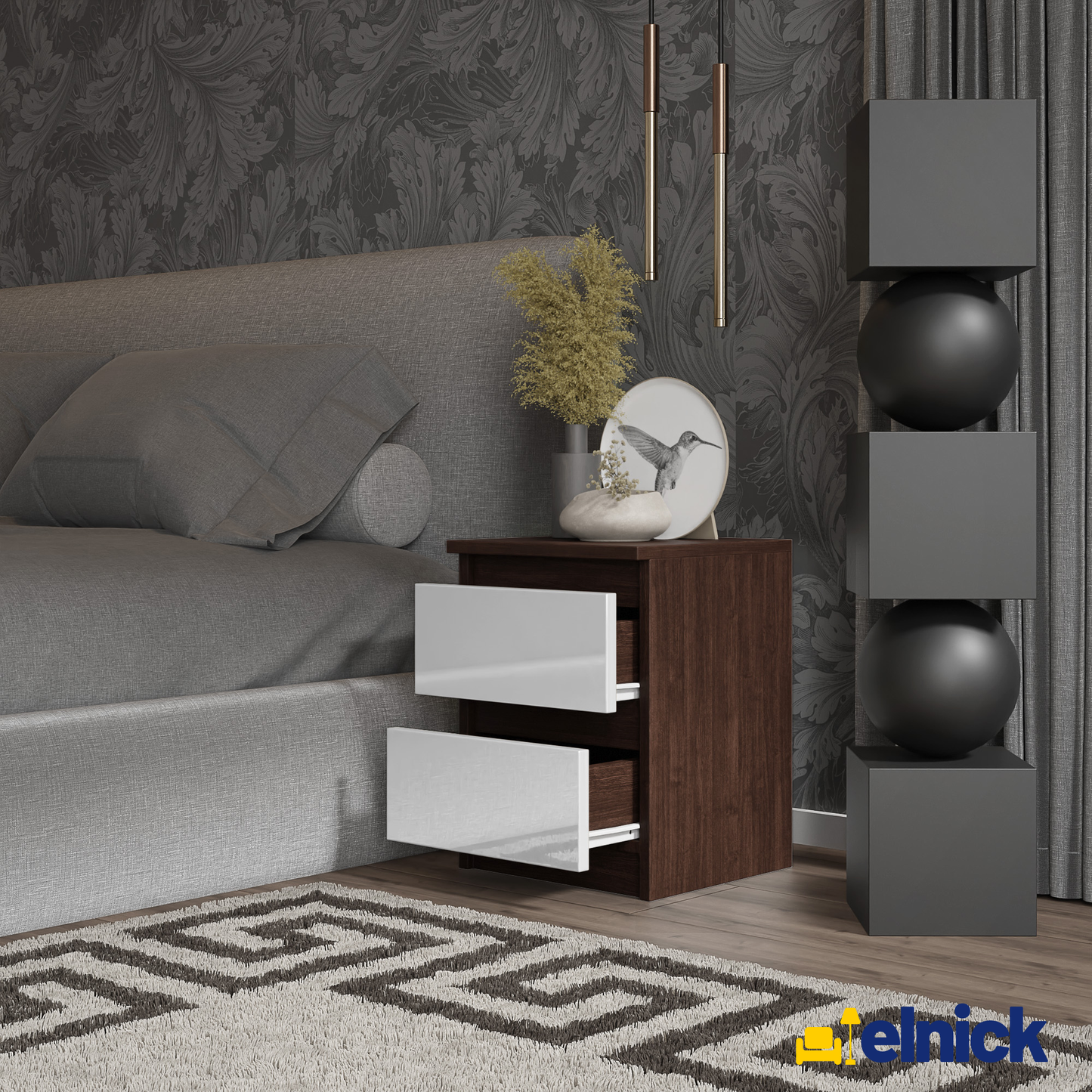 GABRIEL - Nachttisch - Nachtschrank mit 2 Schubladen - Wenge / Weiß Gloss