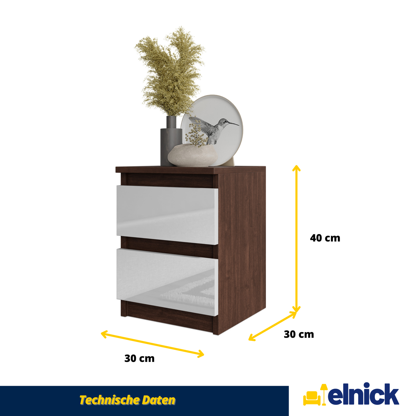 GABRIEL - Nachttisch - Nachtschrank mit 2 Schubladen - Wenge / Weiß Gloss
