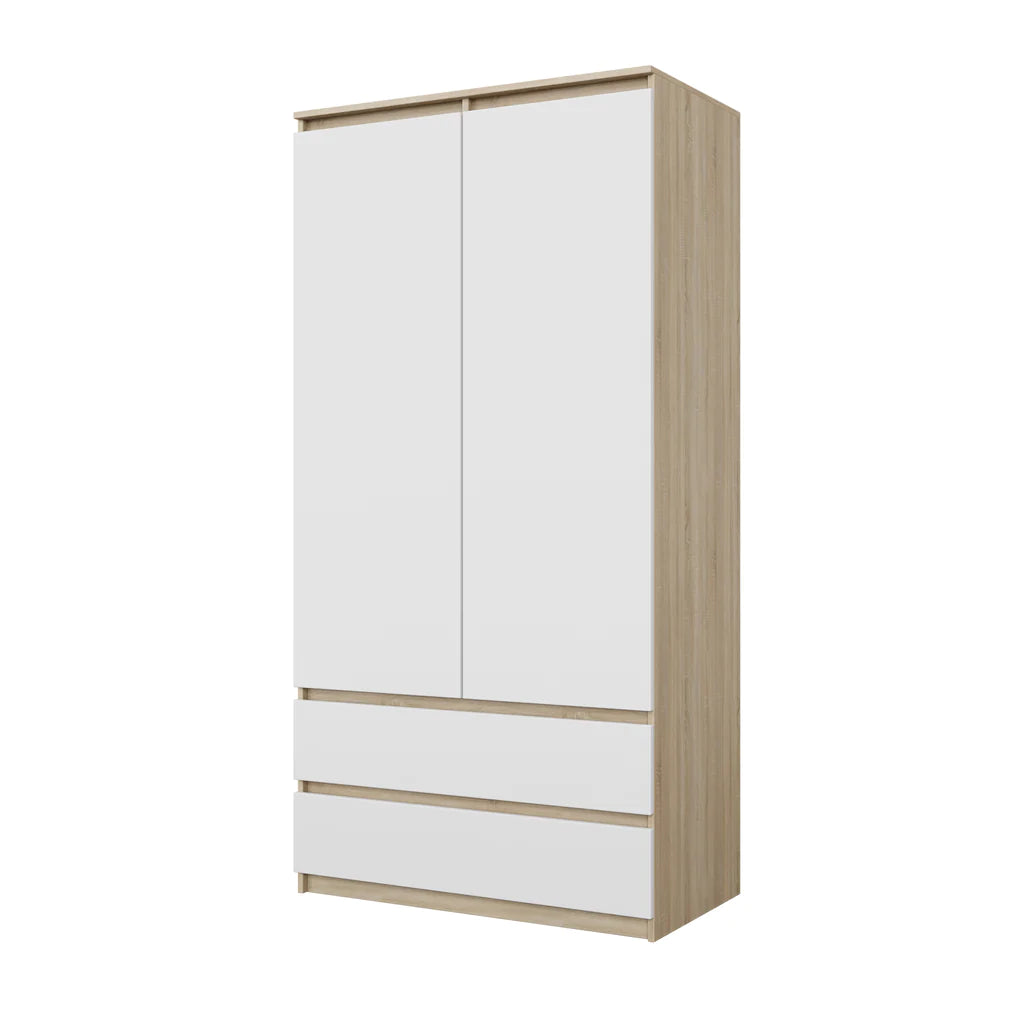 JOELLE - Kleiderschrank mit 2 Türen und 2 Schubladen - Sonoma Eiche / Weiß Matt