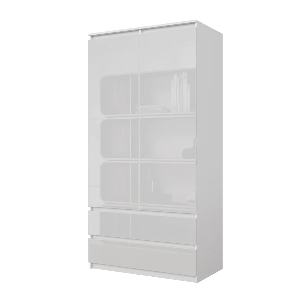 JOELLE - Kleiderschrank mit 2 Türen und 2 Schubladen - Weiß Matt / Weiß Gloss