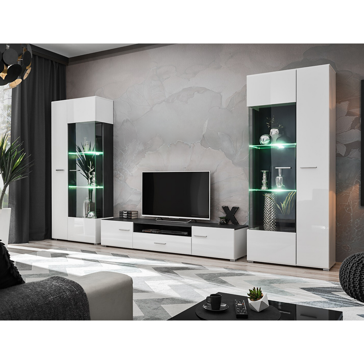 Wohnwand SOLIDO TWIN - Wohnzimmer-Möbel-Set - Norwegische Kiefer / Weiß Gloss