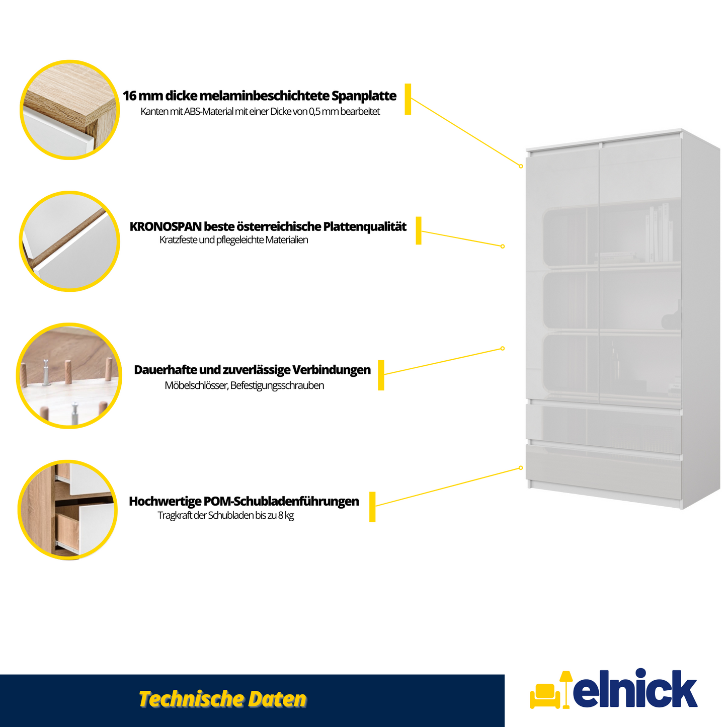 JOELLE - Kleiderschrank mit 2 Türen und 2 Schubladen - Weiß Matt / Weiß Gloss