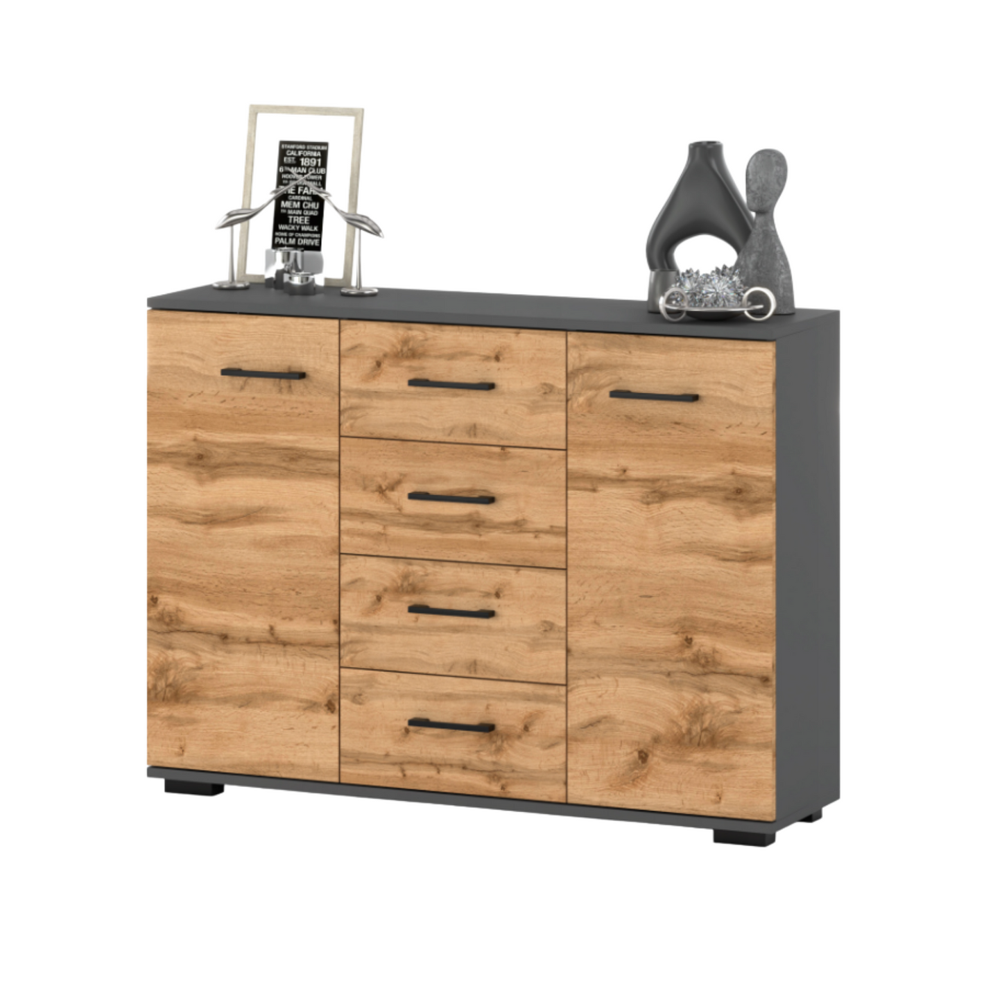 MARK - Kommode / Sideboard mit 4 Schubladen und 2 Türen - Anthrazit Grau / Wotan Eiche