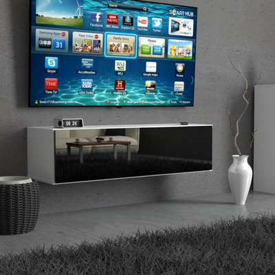 NICOLE - TV-Lowboard mit breiter Tür - Weiß Matt / Schwarz Gloss